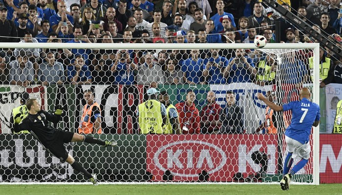 7. Simone Zaza vs Đức (tứ kết Euro 2016): Pha lấy đà siêu chậm và siêu hài hước của tuyển thủ Italy trở thành đề tài chế ảnh, chế video clip mãi về sau này. Ở trận đấu đó, HLV Antonio Conte thay Zaza vào để đá phạt đền và cầu thủ này đã phụ lòng ông thầy bằng cú đá vọt xà.