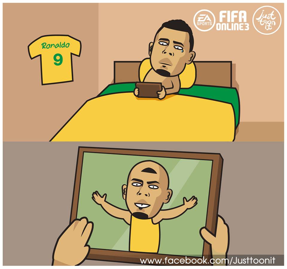 Ronaldo nhớ lại thời tung hoành trên sân cỏ thế giới. Có lẽ anh nhớ nhiều đến cái body của mình hồi còn thi đấu nhiều hơn là bàn thắng... Ảnh: Just toon it.