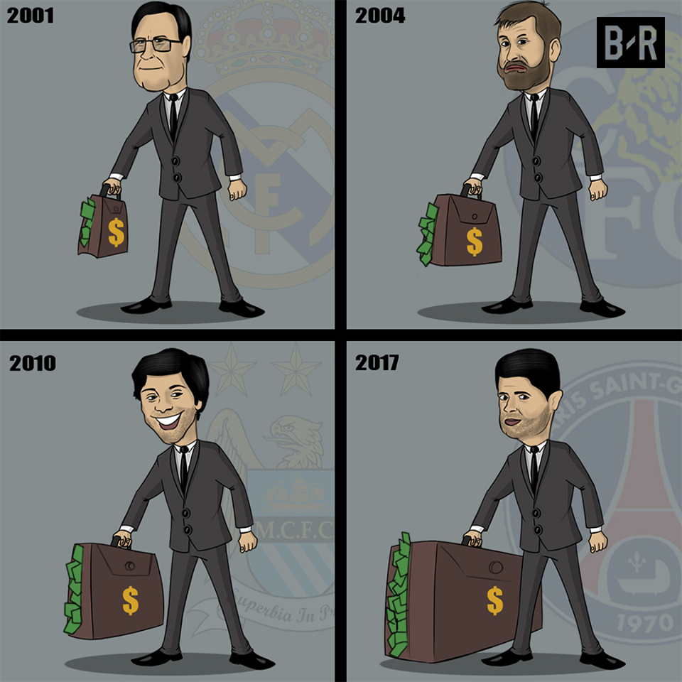Lịch sử thị trường chuyển nhượng trong thế kỷ 21. Real Madrid của Florentino Perez đi đầu với những quả bom tấn chuyển nhượng, Chelsea cùng sự đầu tư của vị ông chủ người Nga Roman Abramovich cũng dùng rất nhiều tiền để nâng cấp đội hình, tới Manchester City làm loạn thị trường bảng những đồng tiền từ giới chủ Ả Rập, nhưng thị trường hiện nay đang thực sự nổi điên với sự khủng bố của PSG. Ảnh: Bleacher Report.