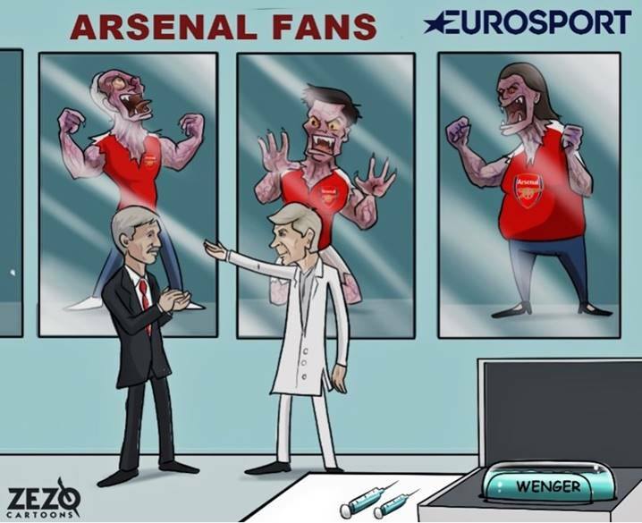 Người hâm mộ Arsenal đang nổi điên với con virus của giáo sư Arsène Wenger. Trong khi đó ban lãnh đạo vẫn trung thành cùng triết lý cũ. Ảnh: Zezo cartoons.