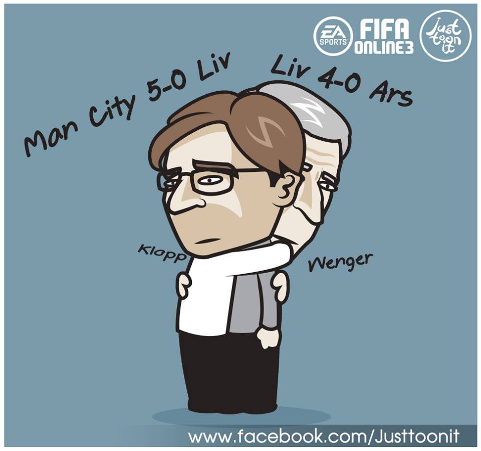 HLV Arsene Wenger rất hiểu cảm giác của HLV Juergen Klopp. Ảnh: Just toon it.