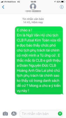 Tin nhắn của ông Ngô Văn Hỷ đề nghị Chủ tịch VFF Lê Hùng Dũng giải đáp thắc mắc về việc đề cử của ông dành cho phó chủ tịch Đoàn Nguyên Đức bị Tiểu ban Nhân sự bỏ sót. Ảnh: Huy Thanh.