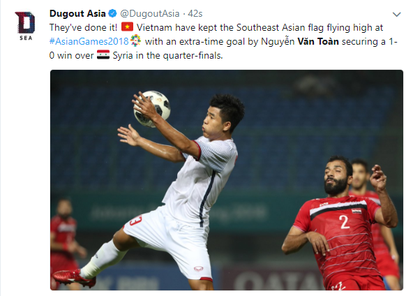 Tài khoản Twitter của trang DugOut đưa tin về chiến thắng của Olympic Việt Nam