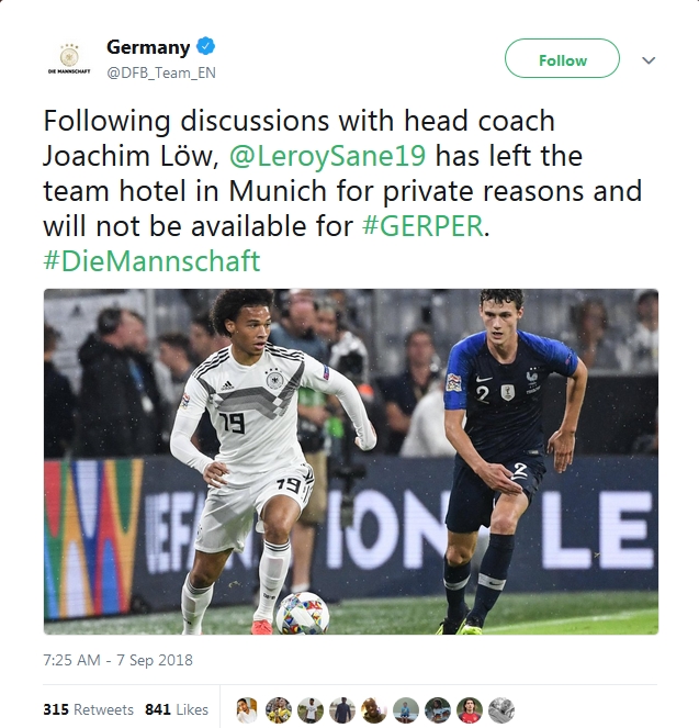 Thông báo trên Twitter của DFB về Leroy Sane.