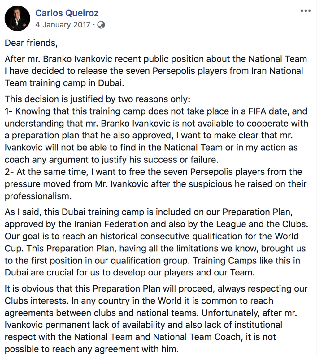 Queiroz đăng đàn chỉ trích HLV Ivankovic.