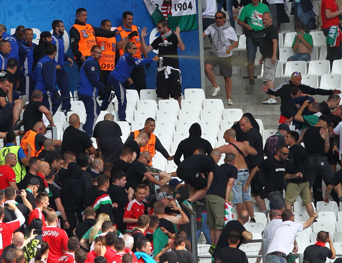 CĐV Hungary và Iceland xô xát nhau trên khán đài. Ảnh: Internet.