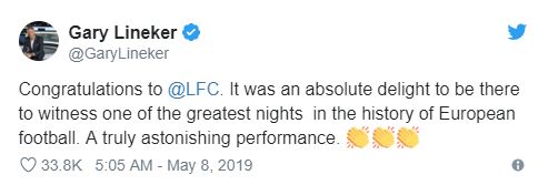 Xin chúc mừng Liverpool. Thật vui khi được chứng kiến một trong những đêm tuyệt vời nhất trong lịch sử bóng đá châu Âu. Một màn trình diễn thực sự đáng kinh ngạc.