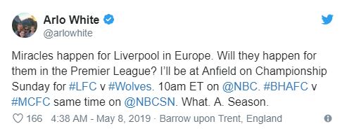 Một BLV của NBC Sports: "Điều kỳ diệu đã đến với Liverpool ở châu Âu. Và điều tương tự sẽ đến với họ ở Premier League? Tôi sẽ có mặt tại Anfield vào Chủ nhật để cổ vũ họ trong trận đấu với Wolves."