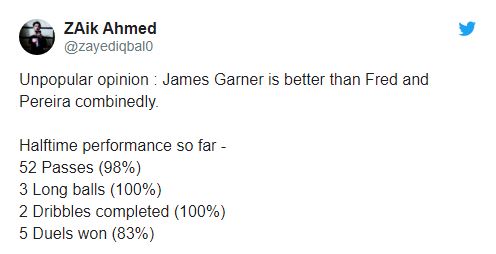 Quan điểm không phổ biến: James Garner tốt hơn Fred và Pereira cộng lại. Màn trình diễn của Garner trong hiệp 1: 52 đường chuyền (98%), 3 đường chuyền dài (100%), 2 lần rê bóng thành công (100%), 5 lần thắng trong tranh chấp tay đôi (83%).