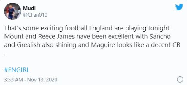 Đó là thứ bóng đá thú vị mà Anh đã chơi đêm nay. Mount và Reece James rất xuất sắc, Jadon Sancho và Jack Grealish cũng tỏa sáng và Harry Maguire là trung vệ đáng tin cậy.