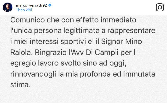 Thông báo bằng tiếng Ý của Verratti trên Instagram.