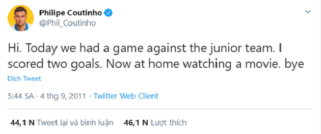 Khi đó, Coutinho đang là một cầu thủ trẻ thuộc biên chế Inter Milan, anh viết: "Chào. Hôm nay chúng tôi gặp một đội trẻ. Tôi đã ghi 2 bàn. Giờ thì tôi ở nhà xem phim. Chào". Bài đăng này hiện tại đã nhận về hơn 46 nghìn lượt thích.