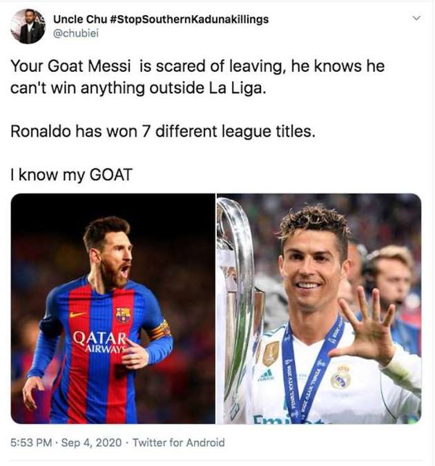 Người khác: "Goat Messi của các bạn sợ hãi khi nghĩ đến việc phải rời đi, anh ta biết mình sẽ chẳng thể làm được gì khi rời La Liga. Ronaldo đã giành 7 chức vô địch quốc nội ở nhiều giải đấu. Đó là GOAT của tôi."