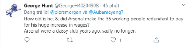 Người khác lại buồn thay cho Arsenal: "Anh ấy đã bao nhiêu tuổi, và liệu có phải Arsenal đang lãng phí lương của 55 người để trả khoản lương khổng lồ của anh ấy? Arsenal đã từng là một CLB đẳng cấp, nhưng giờ thì không còn như thế."