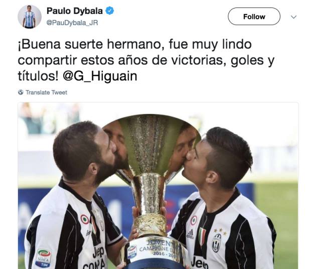 Dòng trạng thái được Paulo Dybala đăng tải để gửi lời tạm biệt Higuain.