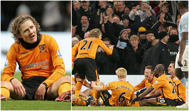 Bullard và pha ăn mừng hài hước, sau khi ghi bàn thắng vào lưới Man City.