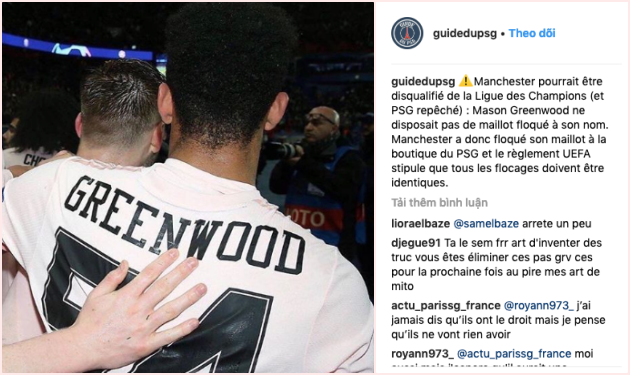 NHM PSG phản ứng gay gắt trên Instagram vì chưa hết cay cú trận thua đau trước Man Utd.