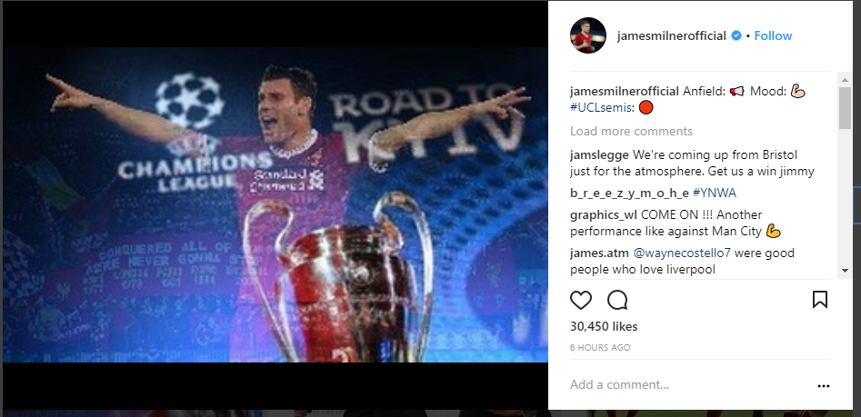 Riêng tiền vệ James Milner, anh đã đăng một bức ảnh ăn mừng cùng chiếc cúp vô địch Champions League.
