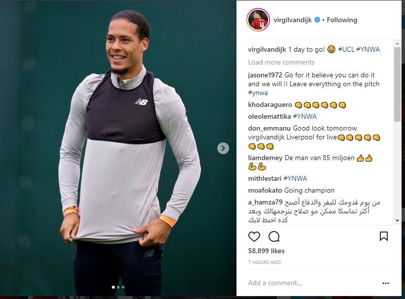 Hậu vệ Van Dijk cũng hứng khởi bước vào cuộc giao tranh với AS Roma vào đêm nay.