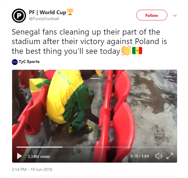 "CĐV Senegal đã thu dọn rác trên sân sau chiến thắng trước Ba Lan. Đây là một cử chỉ đẹp của trận đấu."