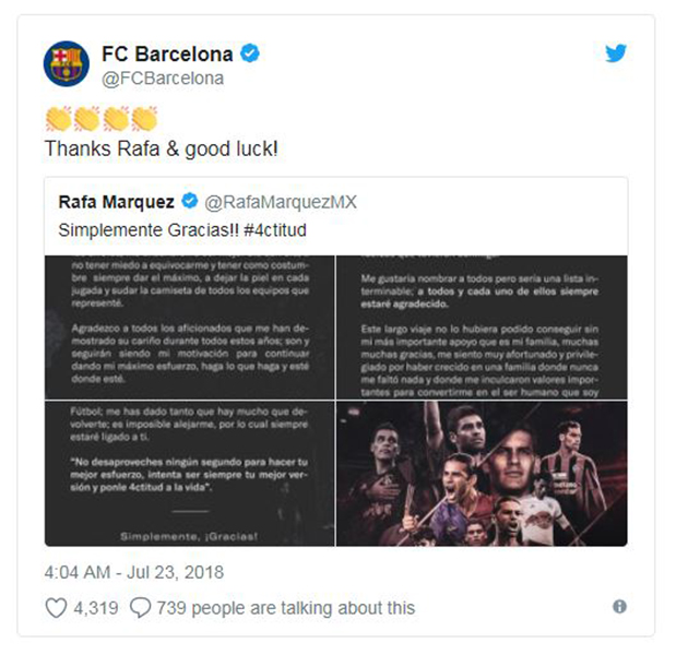 Dòng Twitter của Barcelona gửi đến Rafael Marquez.