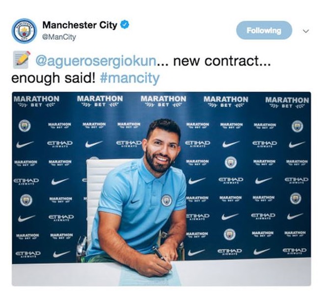 Trang Twitter của Man City xác nhận Aguero đã gia hạn hợp đồng với đội chủ sân Etihad.
