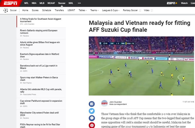 Trang tin có trụ sở đặt ở Hoa Kỳ, ESPN cảnh báo tuyển Việt Nam rằng, Malaysia không phải đối thủ dễ chơi.