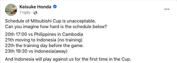 Honda chỉ trích lịch thi đấu AFF Cup.