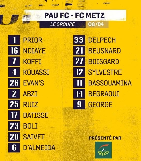 Danh sách cầu thủ của Pau tiếp đón Metz.