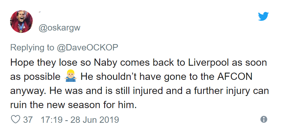 Hi vọng họ sẽ mất luôn Naby để cậu ấy có thể trở lại Liverpool càng sớm càng tốt. Cậu ấy không nên tham dự AFCON khi vẫn còn chấn thương. Điều đó có thể hủy luôn mùa giải mới của cậu ấy.