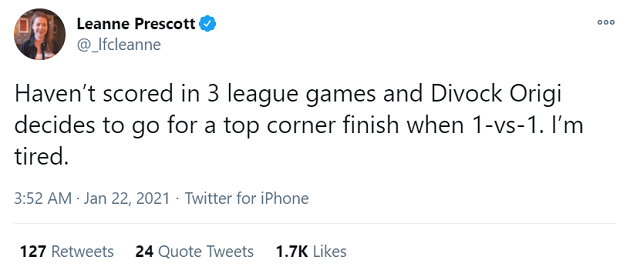Liverpool không ghi bàn trong 3 trận gần nhất tại Premier League còn Divock Origi thì quyết định hướng quả bóng lên góc cao khi đối mặt với thủ môn. Tôi mệt mỏi quá!