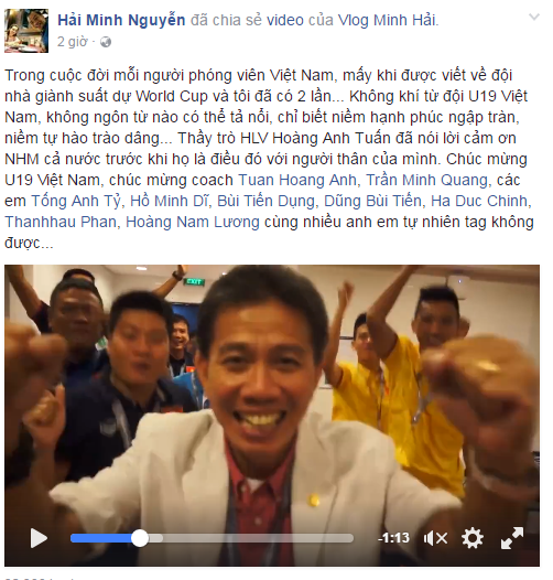 Hình ảnh nhà báo Minh Hải sẽ niềm vui ăn mừng chiến tích của thầy trò HLV Hoàng Anh Tuấn. Ảnh: Facebook nhân vật.