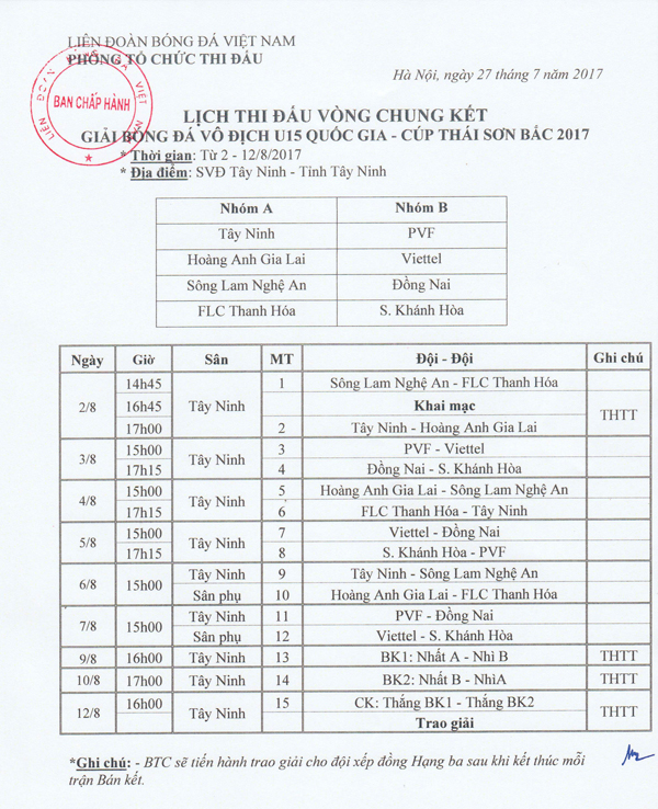 Lịch thi đấu VCK U15 Quốc gia tranh Cúp Thái Sơn Bắc 2017.
