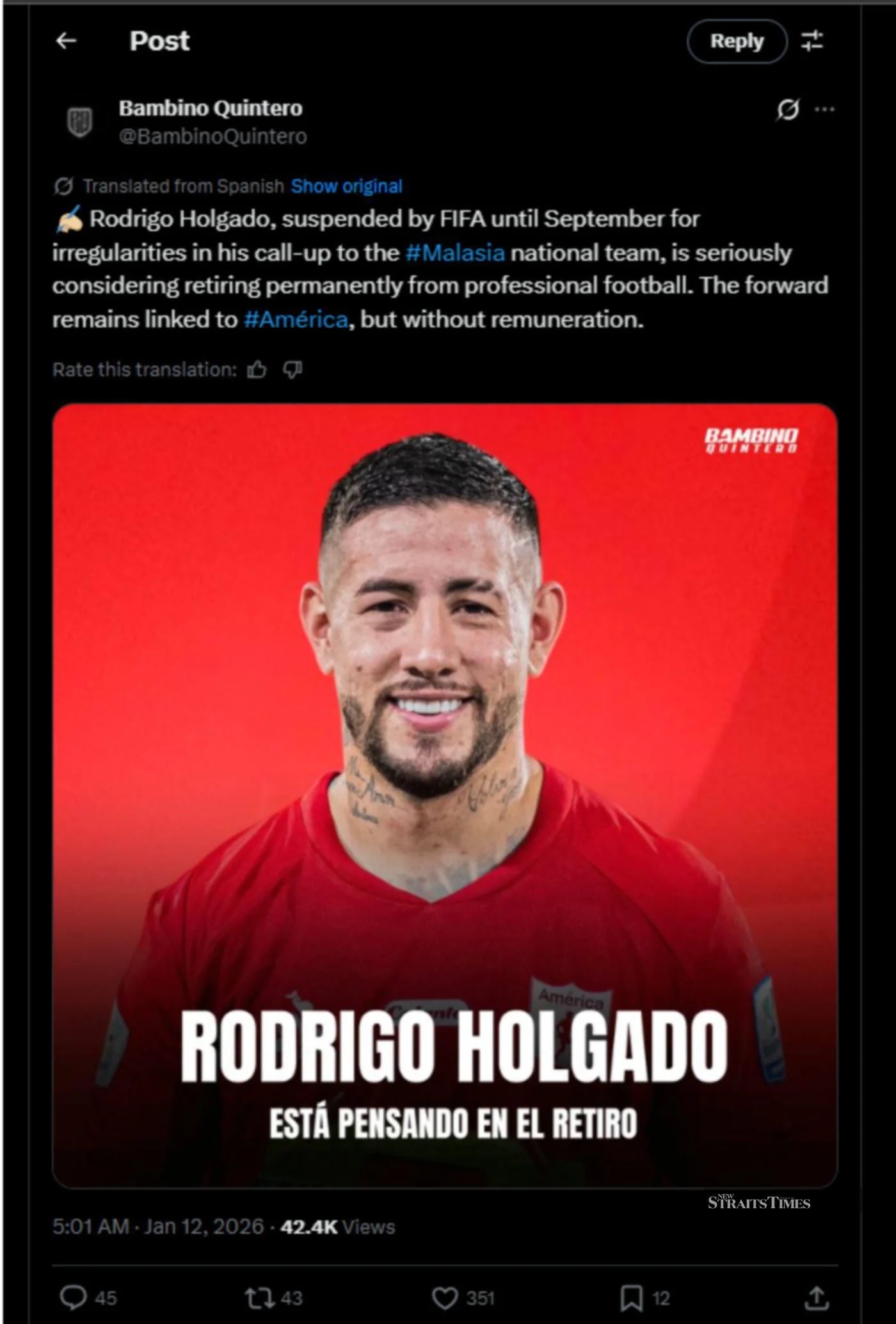 Nhà báo Bombiro Quintero đăng tải trên trang cá nhân.